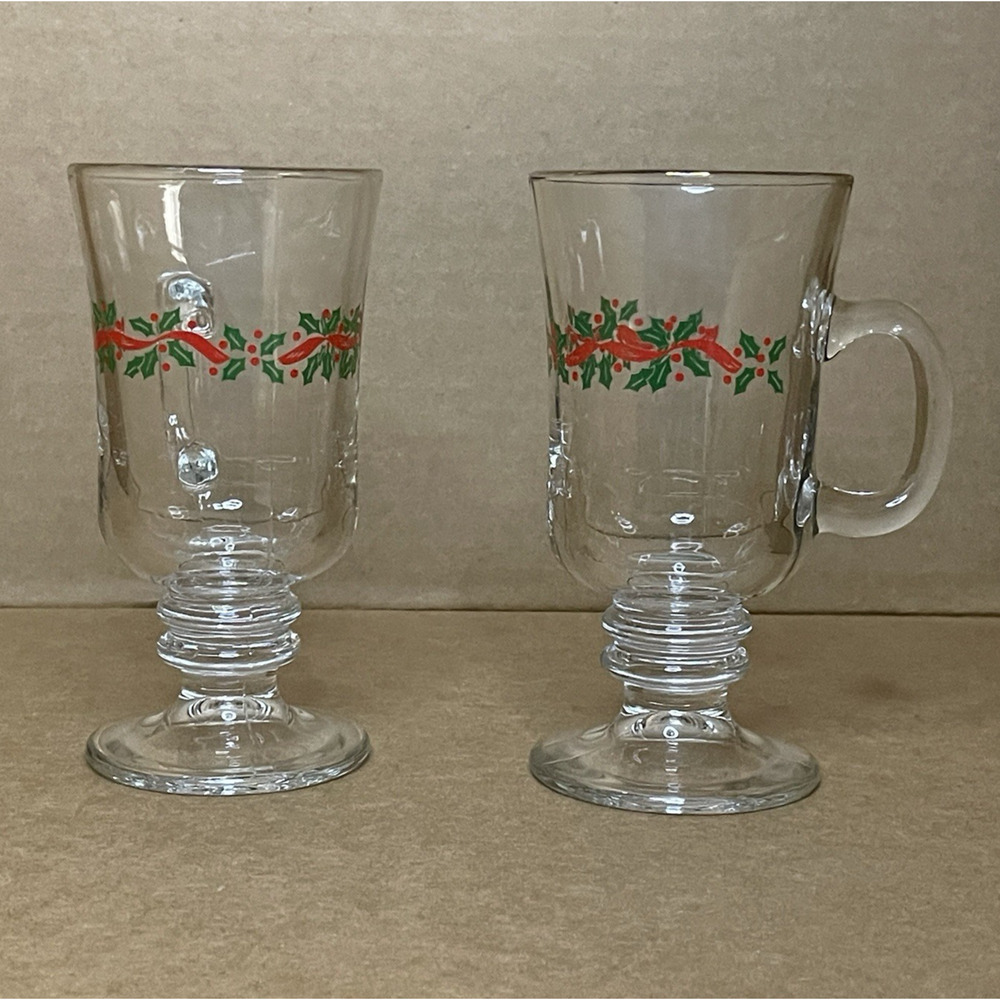 Vintage Libbey Pedestal Glasses Holly Berry Gold Rim Christmas Mugs Lot of 2